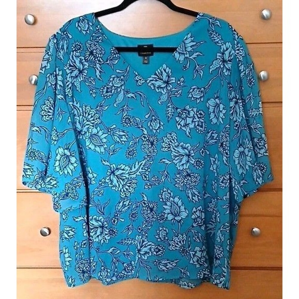 NWOT JM Collection Womens 3X Floral V-Neck Flutter Sleeve Lined Green Blouse Top